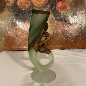 Handmade Blown Glass Vase Horn Green 3D Metal Coated Vintage